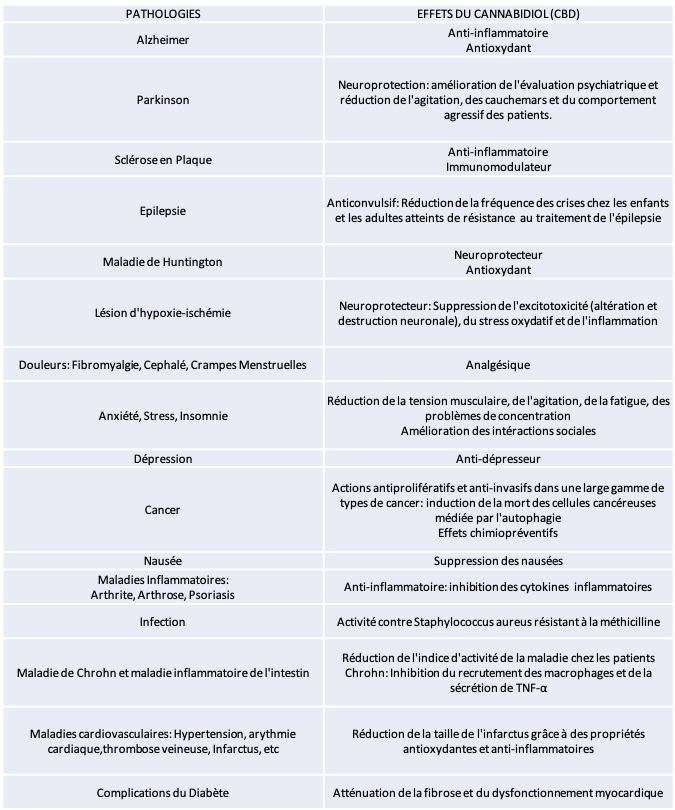 Les effets du Cannabidiol CBD sur différentes pathologies